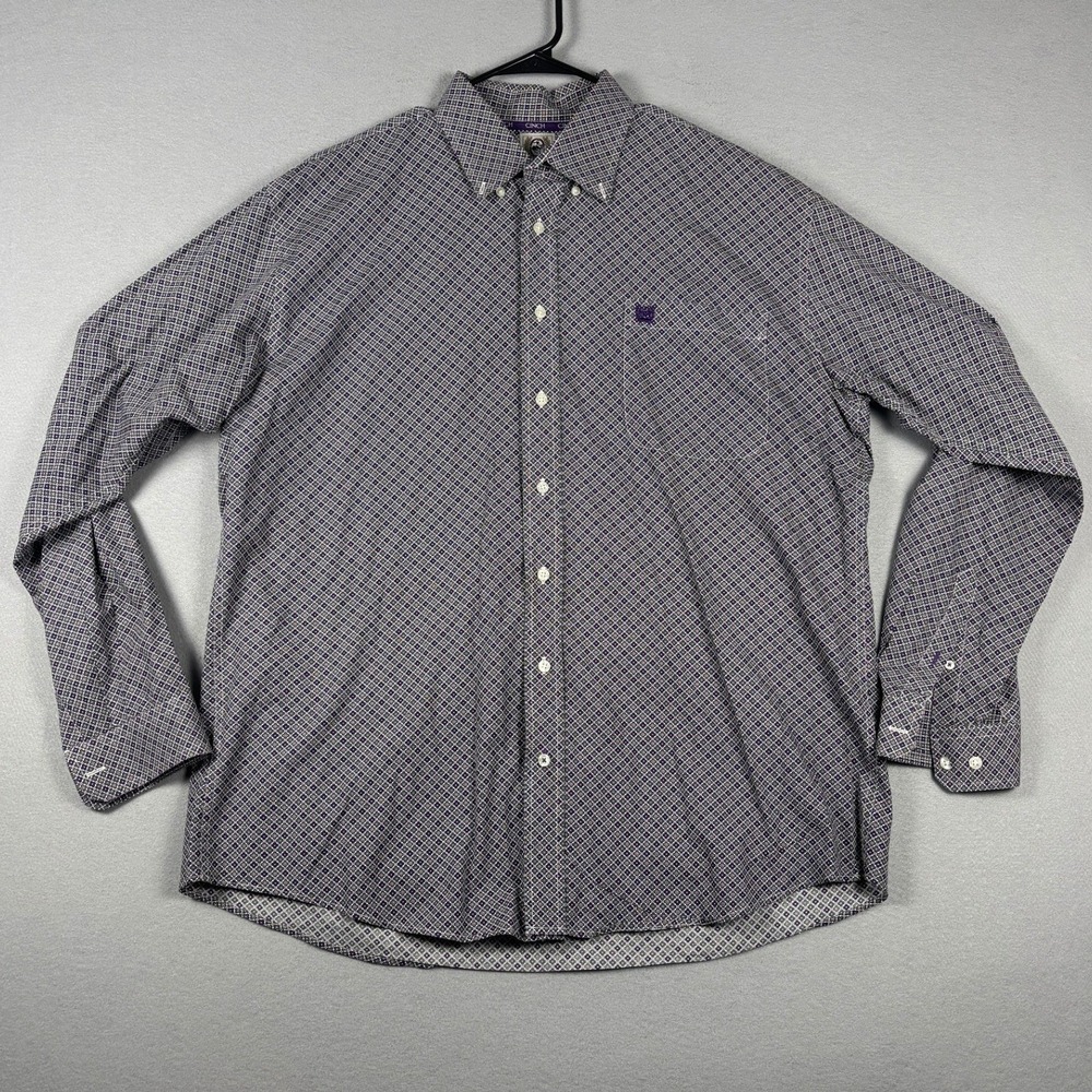 Cinch Classic Fit Button Down Shirt Geometric Print Large Purple White